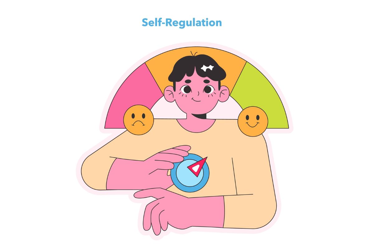Illustration einer Person mit Emotionsskala von traurig bis zufrieden und einem Kompass auf der Brust – Symbol für Selbstregulation und ein beruhigtes Nervensystem.